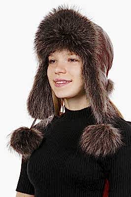 Фото товара Ушанка UWKKME001.004 енот кожа, Пепельно-черный/Кирпичный